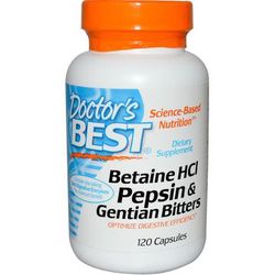 Doctor's Best Betaine HCl + Pepsin & Gentian Bitters (horec), 120 kapsúl