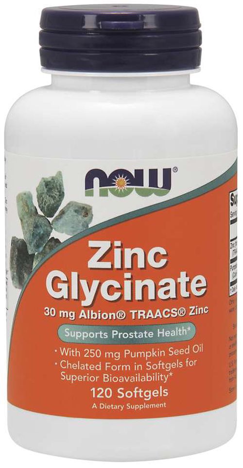 NOW® Foods NOW Zinc Glycinate (zinek bisglycinát + dýňový olej), 30 mg, 120 softgel kapslí